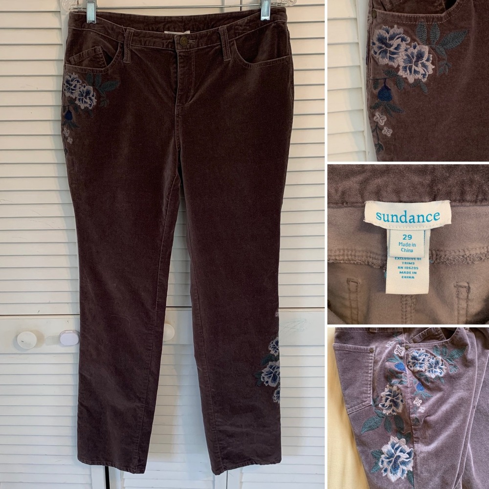 Sundance Velvet Floral Embroidered Slim Straight Leg Pants Womens 29‎ Taupe Boho
